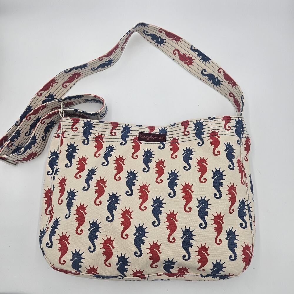 Bungalow 360 Ivory Blue Red Seahorse Canvas Messenger Tote Bag Coastal Quirky
